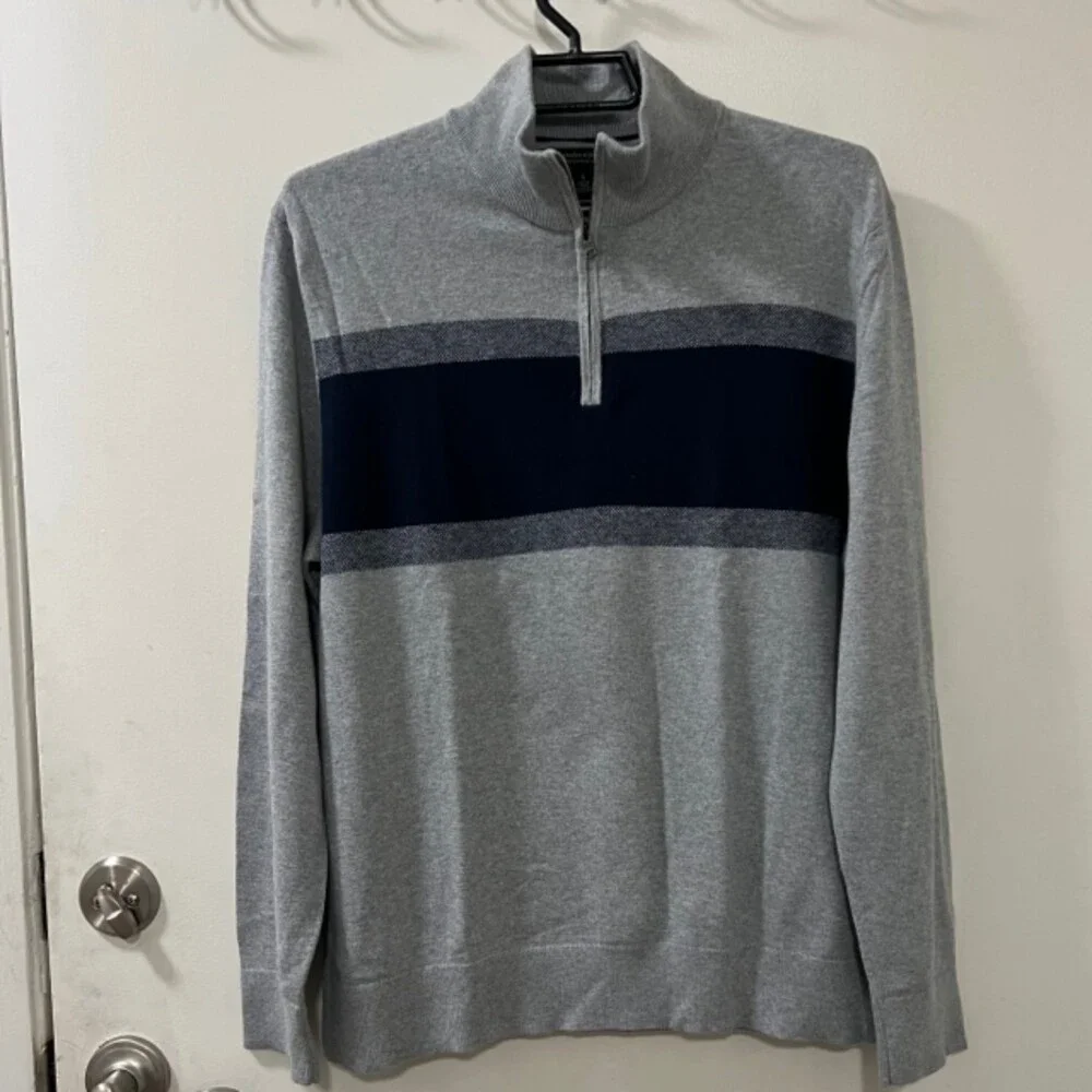 Banana Republic Mens Gray Blue Colorblock Cotton Cashmere Mock Neck Sweater Sz L
